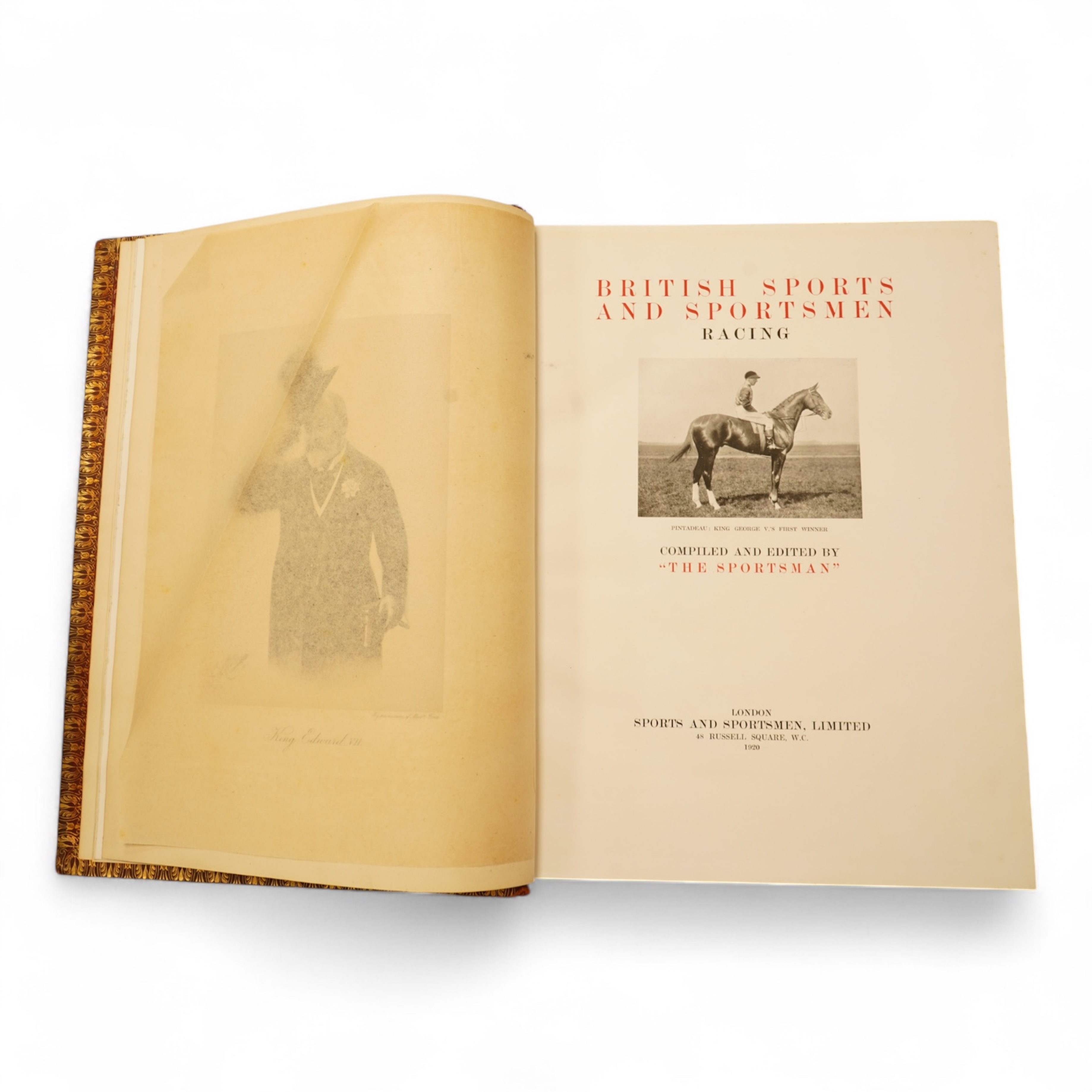 British Sports and Sportsmen - Racing ... num. photogravure portraits, plates and other illus.; publisher's gilt ruled red morocco, panelled spine, ge., marbled e/ps., folio. (?1920)